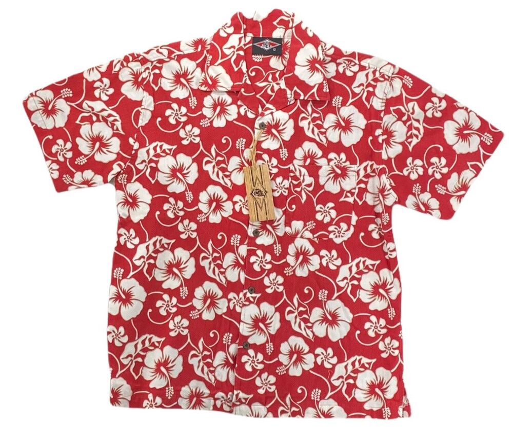 Vtg Bear Surfboards Hawaiian Shirt Mens Large L Red Hibiscus NWT Deadstock Surf